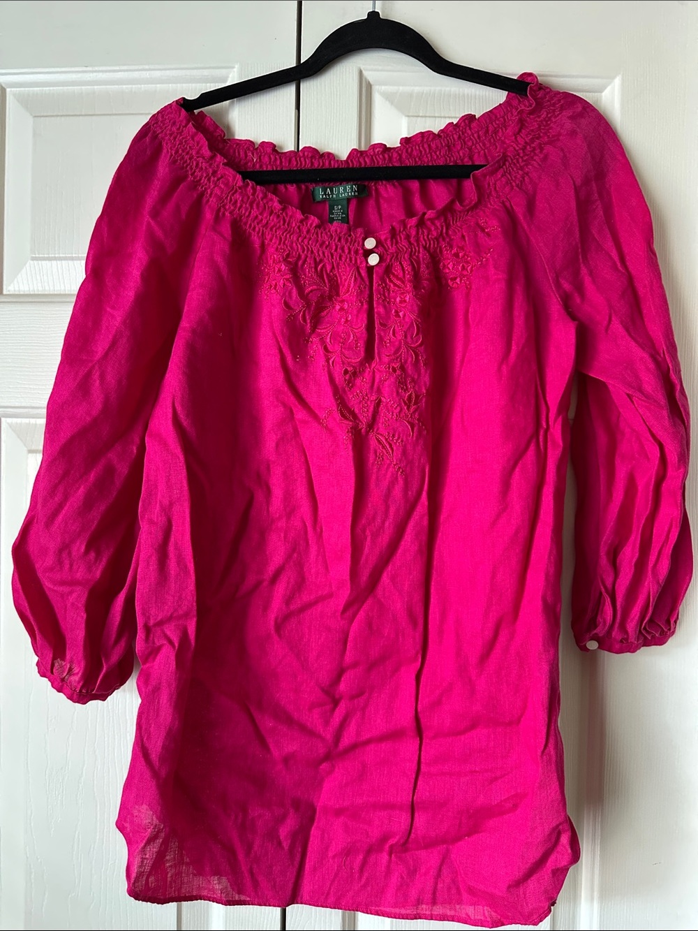 Lauren Ralph Lauren Bright Fuchsia Embroidered Peasant Top